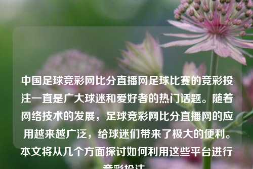 中国足球竞彩网比分直播网足球比赛的竞彩投注一直是广大球迷和爱好者的热门话题。随着网络技术的发展，足球竞彩网比分直播网的应用越来越广泛，给球迷们带来了极大的便利。本文将从几个方面探讨如何利用这些平台进行竞彩投注。