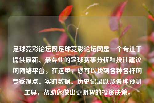 足球竞彩论坛网足球竞彩论坛网是一个专注于提供最新、最专业的足球赛事分析和投注建议的网络平台。在这里，您可以找到各种各样的专家观点、实时数据、历史记录以及各种预测工具，帮助您做出更明智的投资决策。