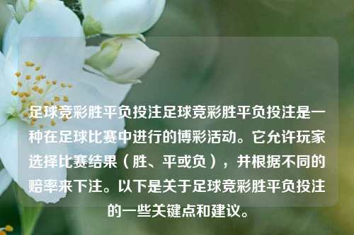 足球竞彩胜平负投注足球竞彩胜平负投注是一种在足球比赛中进行的博彩活动。它允许玩家选择比赛结果（胜、平或负），并根据不同的赔率来下注。以下是关于足球竞彩胜平负投注的一些关键点和建议。