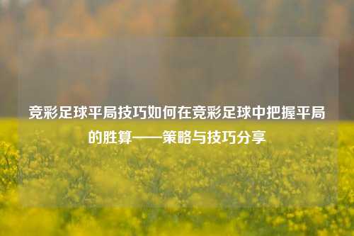 竞彩足球平局技巧如何在竞彩足球中把握平局的胜算——策略与技巧分享