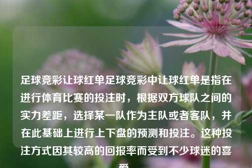 足球竞彩让球红单足球竞彩中让球红单是指在进行体育比赛的投注时，根据双方球队之间的实力差距，选择某一队作为主队或者客队，并在此基础上进行上下盘的预测和投注。这种投注方式因其较高的回报率而受到不少球迷的喜爱。