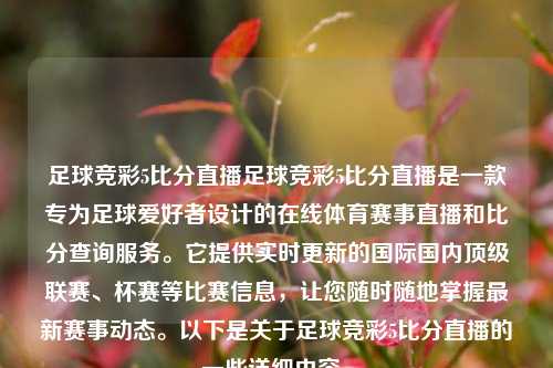 足球竞彩5比分直播足球竞彩5比分直播是一款专为足球爱好者设计的在线体育赛事直播和比分查询服务。它提供实时更新的国际国内顶级联赛、杯赛等比赛信息，让您随时随地掌握最新赛事动态。以下是关于足球竞彩5比分直播的一些详细内容。