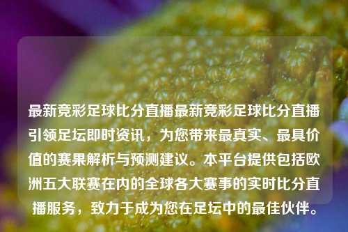 最新竞彩足球比分直播最新竞彩足球比分直播引领足坛即时资讯，为您带来最真实、最具价值的赛果解析与预测建议。本平台提供包括欧洲五大联赛在内的全球各大赛事的实时比分直播服务，致力于成为您在足坛中的最佳伙伴。