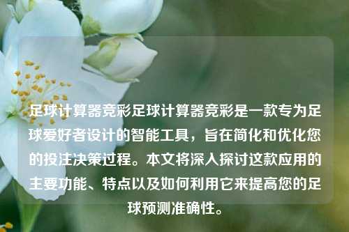 足球计算器竞彩足球计算器竞彩是一款专为足球爱好者设计的智能工具，旨在简化和优化您的投注决策过程。本文将深入探讨这款应用的主要功能、特点以及如何利用它来提高您的足球预测准确性。