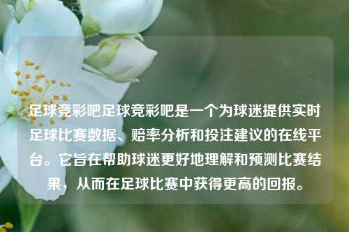 足球竞彩吧足球竞彩吧是一个为球迷提供实时足球比赛数据、赔率分析和投注建议的在线平台。它旨在帮助球迷更好地理解和预测比赛结果，从而在足球比赛中获得更高的回报。