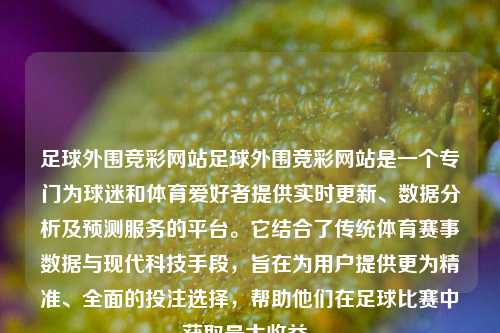 足球外围竞彩网站足球外围竞彩网站是一个专门为球迷和体育爱好者提供实时更新、数据分析及预测服务的平台。它结合了传统体育赛事数据与现代科技手段，旨在为用户提供更为精准、全面的投注选择，帮助他们在足球比赛中获取最大收益。
