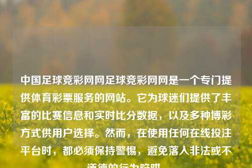 中国足球竞彩网网足球竞彩网网是一个专门提供体育彩票服务的网站。它为球迷们提供了丰富的比赛信息和实时比分数据，以及多种博彩方式供用户选择。然而，在使用任何在线投注平台时，都必须保持警惕，避免落入非法或不道德的行为陷阱。