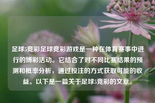 足球5竞彩足球竞彩游戏是一种在体育赛事中进行的博彩活动。它结合了对不同比赛结果的预测和概率分析，通过投注的方式获取可能的收益。以下是一篇关于足球5竞彩的文章。