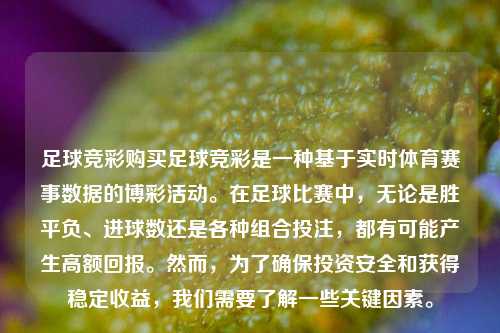 足球竞彩购买足球竞彩是一种基于实时体育赛事数据的博彩活动。在足球比赛中，无论是胜平负、进球数还是各种组合投注，都有可能产生高额回报。然而，为了确保投资安全和获得稳定收益，我们需要了解一些关键因素。